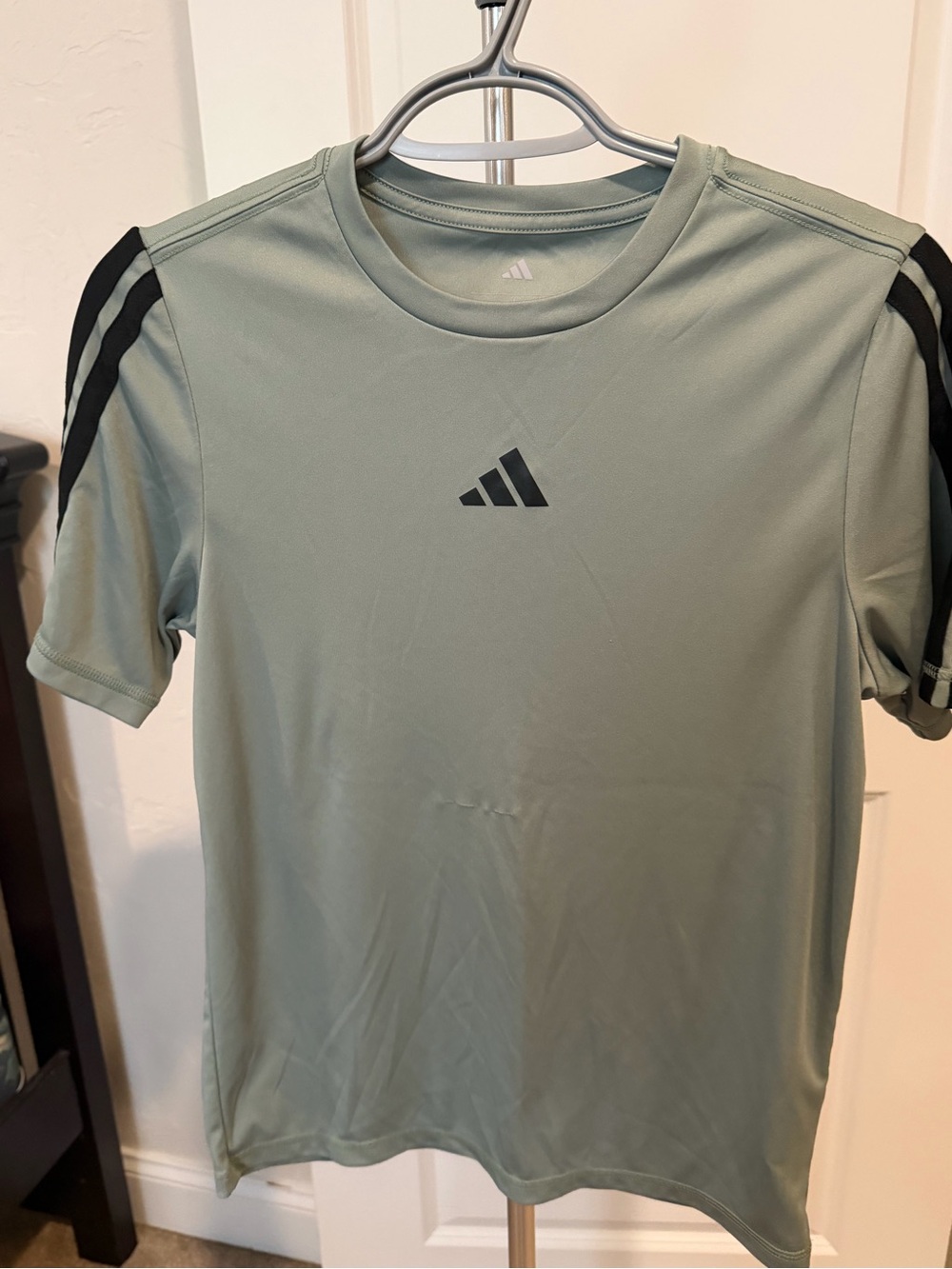 adidas boy’s Light Green Short Sleeve Athletic Tee with Black Stripes
